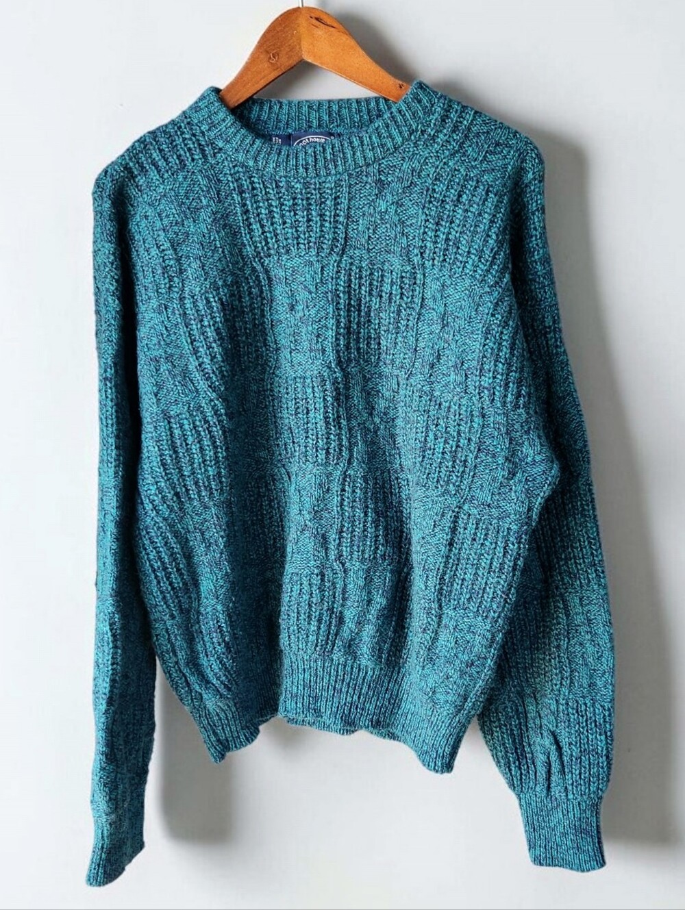 Boat House Row Wool Blend Teal Black Marled Knit Sweater Mens L USA Crewneck